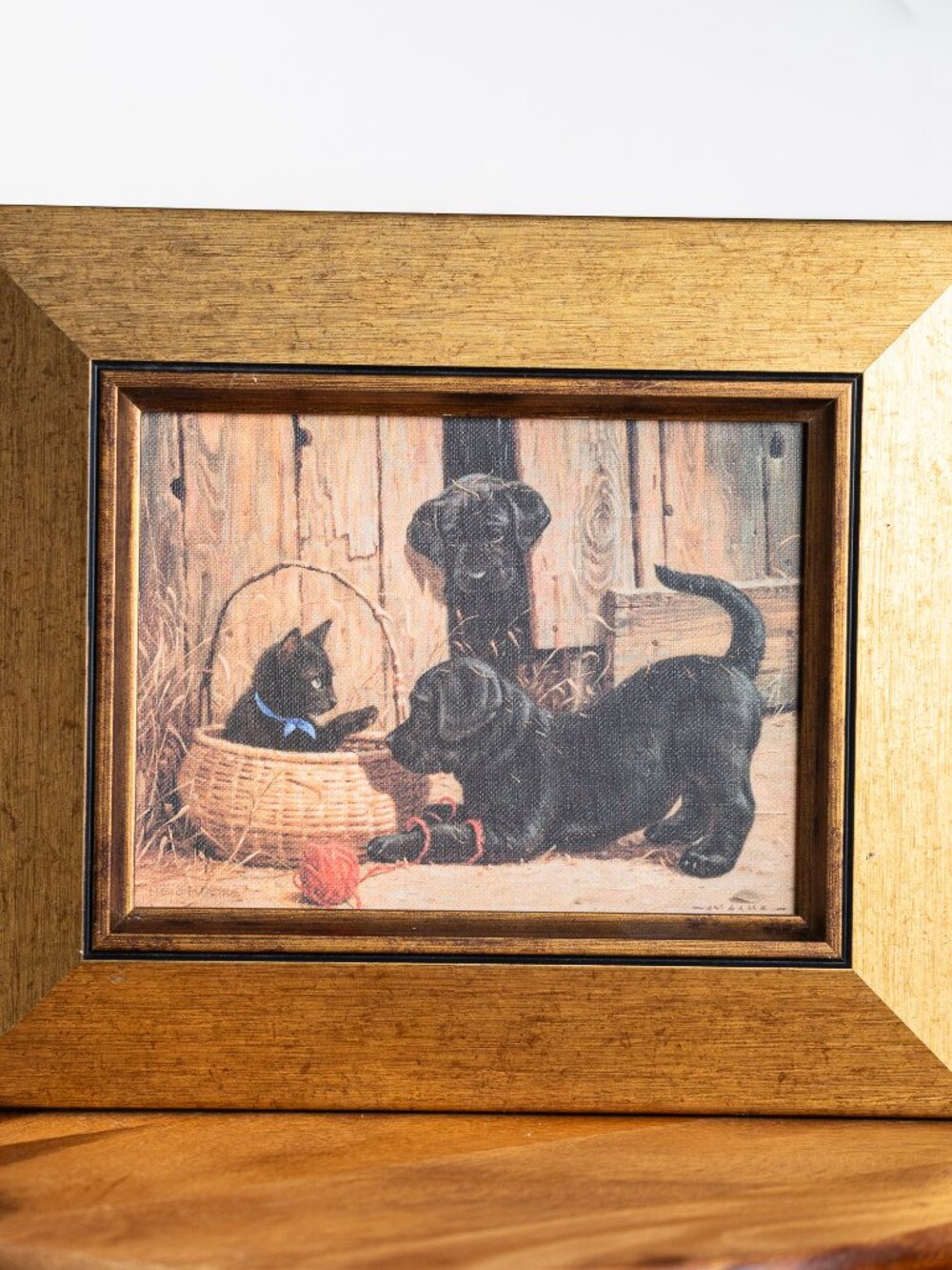 Vintage Signed Oil Painting on Canvas Framed Black Puppies & Kitten, Farmhouse